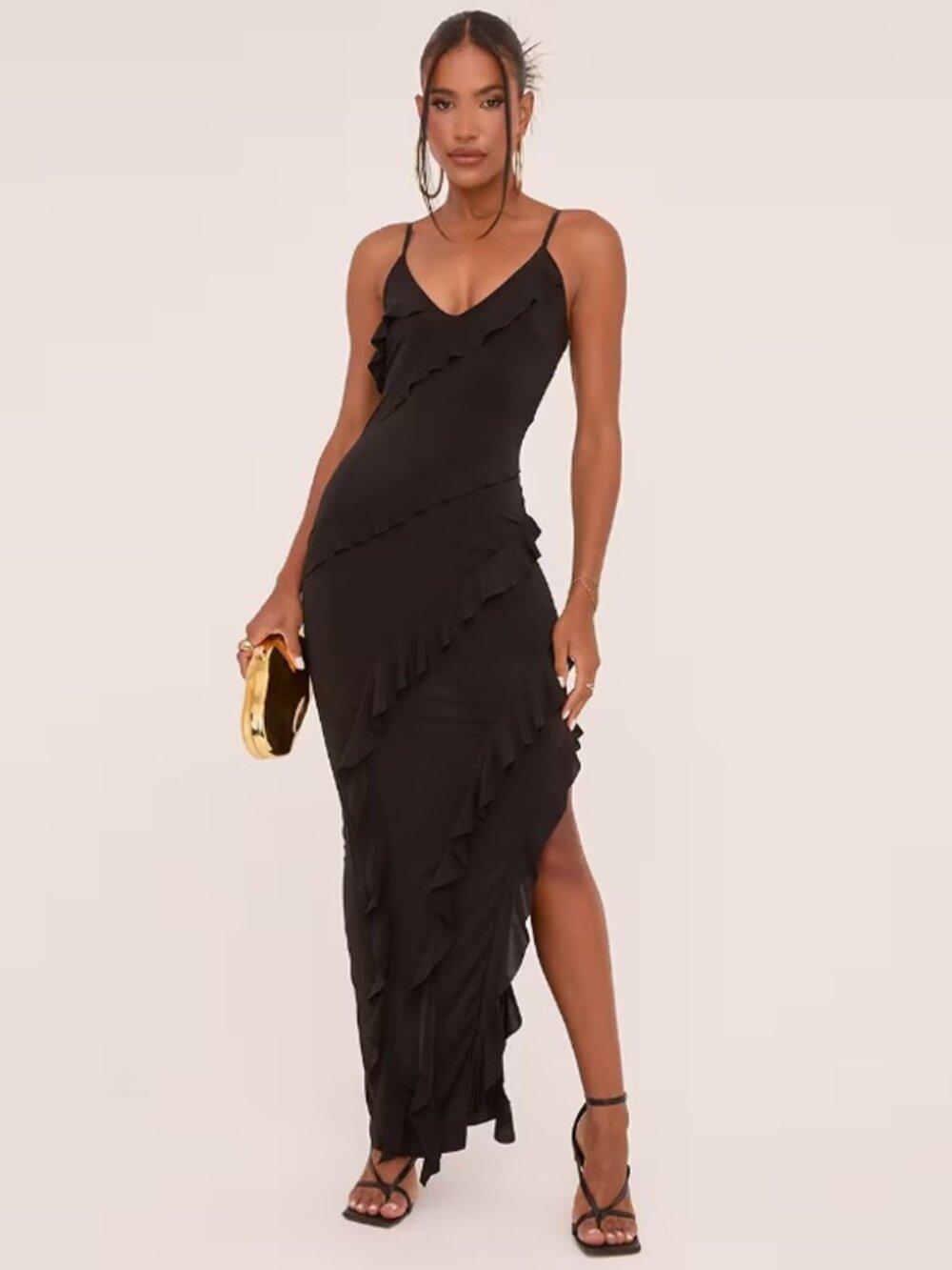 Sincerely Jules Maxi Dress Cocktail Party Slinky Black Side Slit Mesh Long Dress